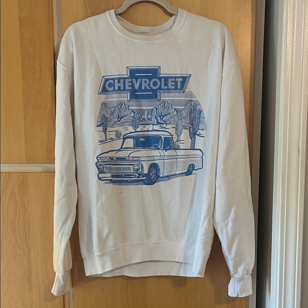 Chevrolet Graphic Crewneck Sweater - White with Blue Print